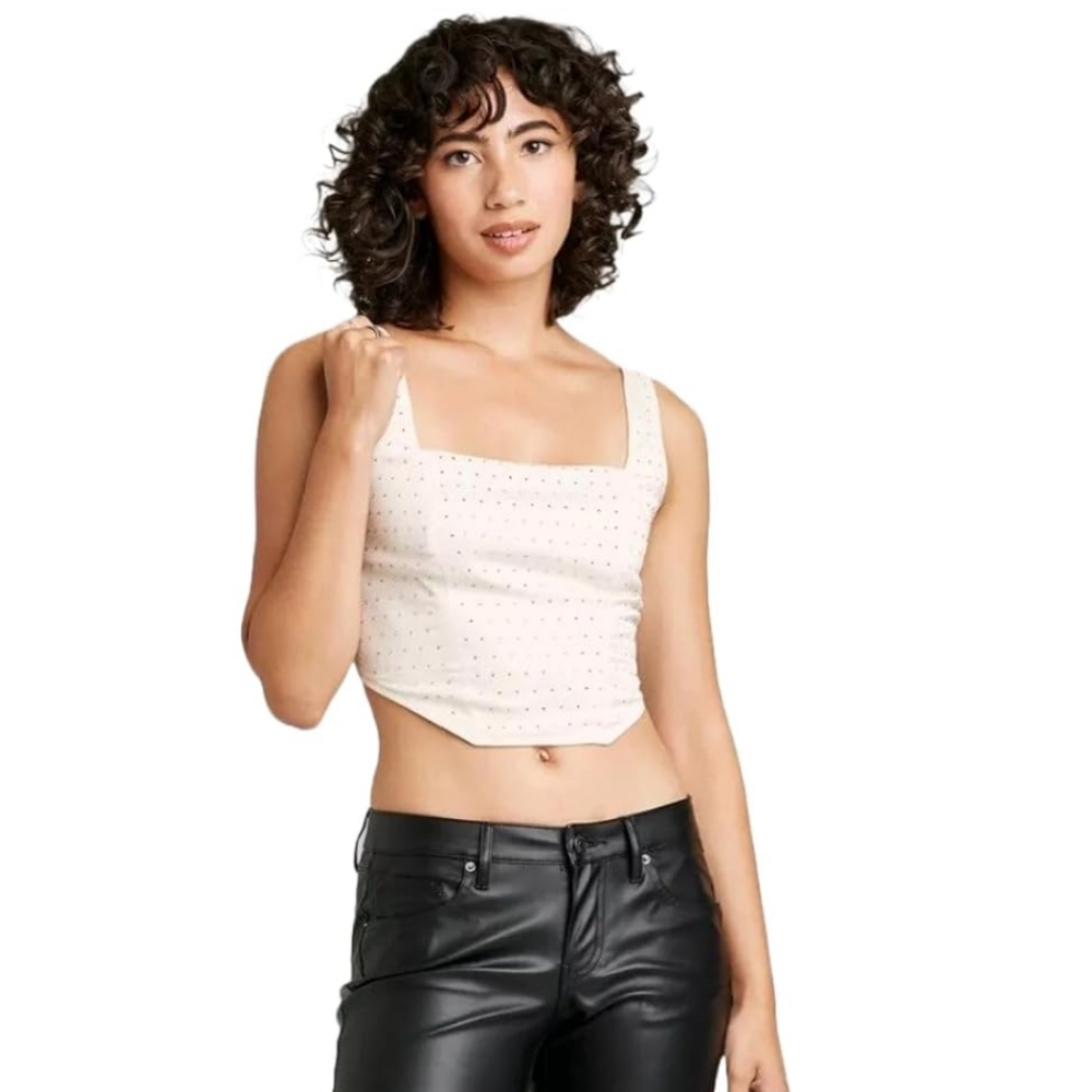 Wild Fable Rhinestone Corset Crop Top Womens S Lined Front Smocked Y2K